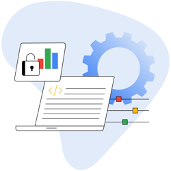 Illustration of a computer with security and settings icons.